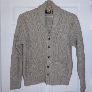 MENS VTG GRANDPA CARDIGAN SWEATER HAND KNIT BEIGE SHAWL COLLAR WOOL SILK CABLE M